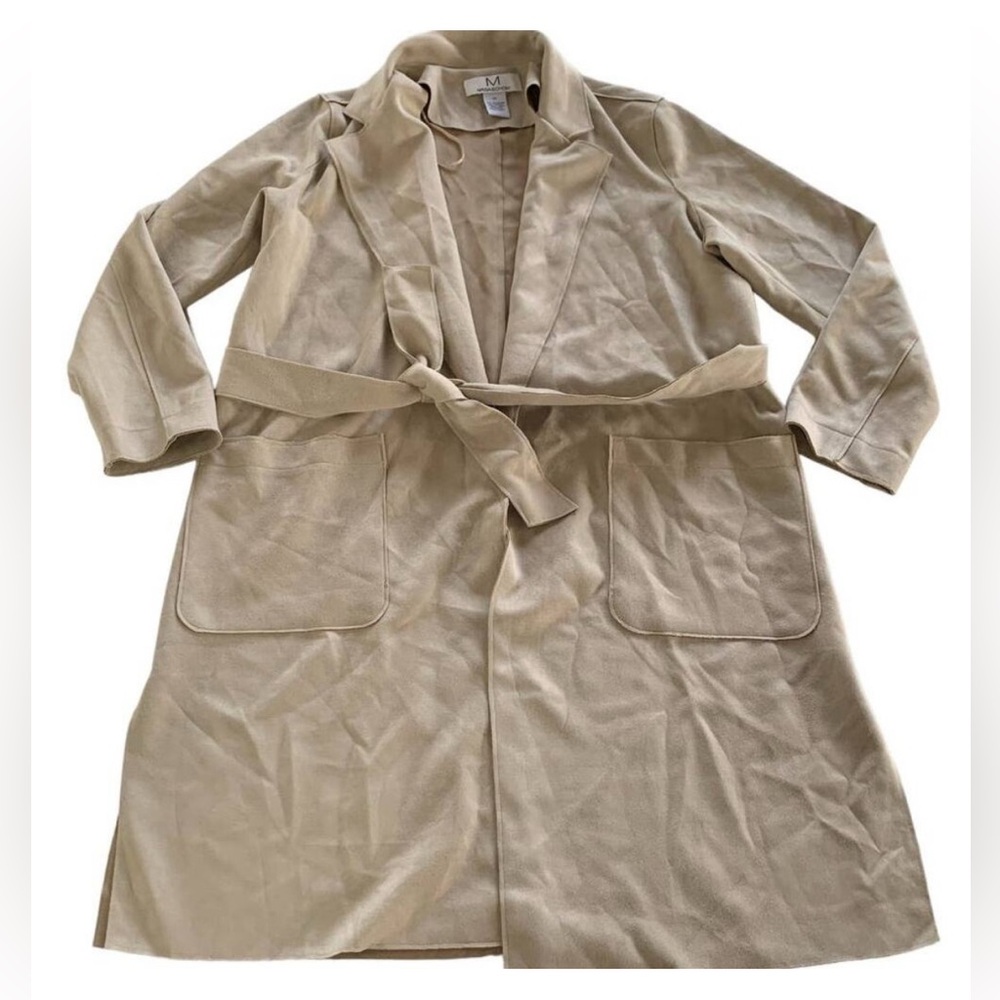 Magaschoni Faux Suede Tan Trench Coat Women XS Tie Waist Mid Length